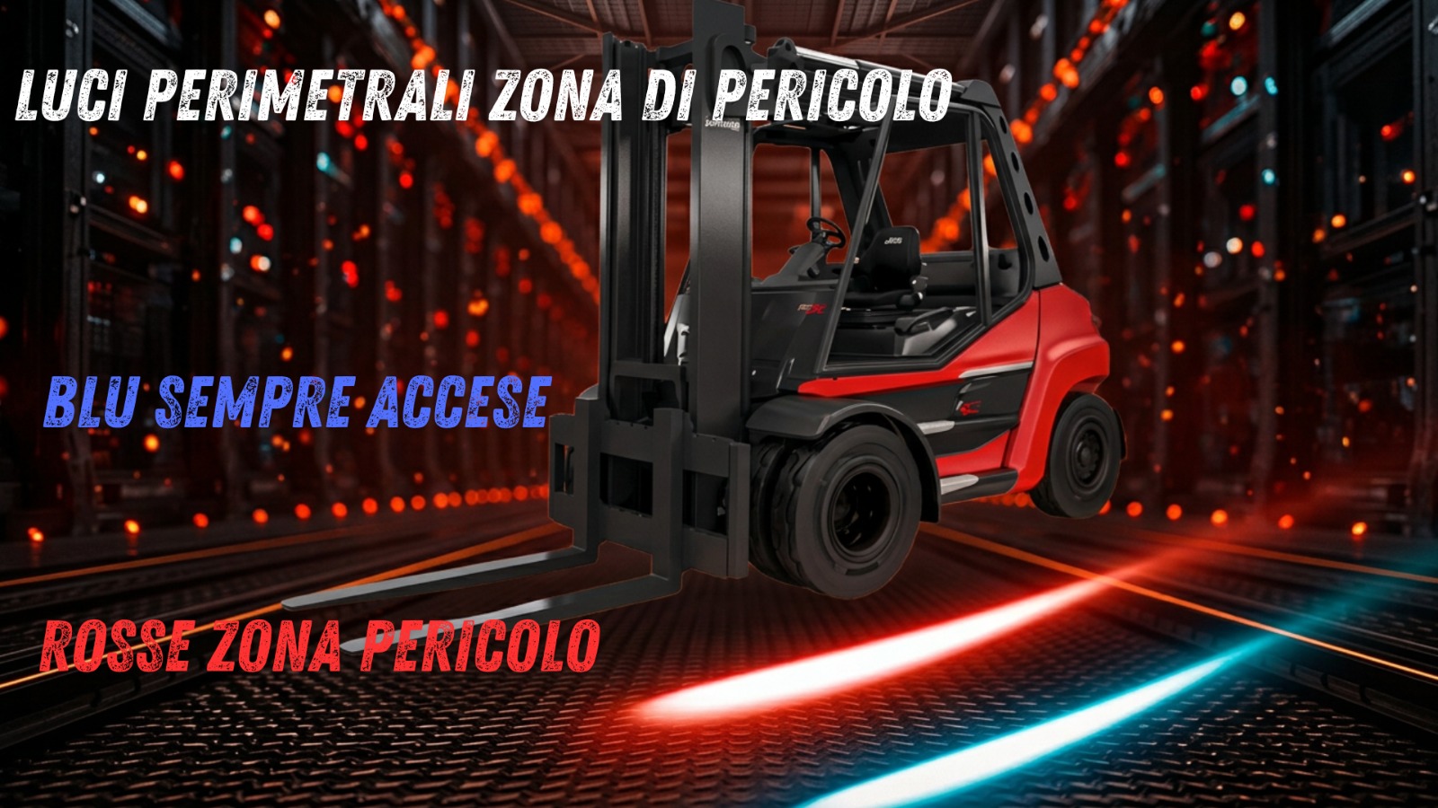 Fasci luminosi blu e rossi proiettati intorno a un mezzo industriale